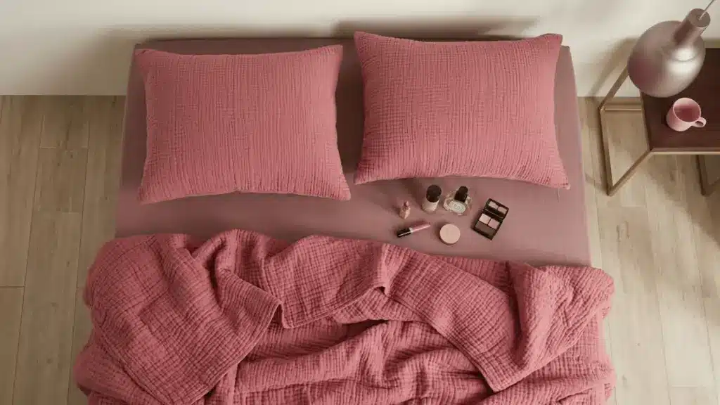 a high quality picture of bedding from high angle with a side table