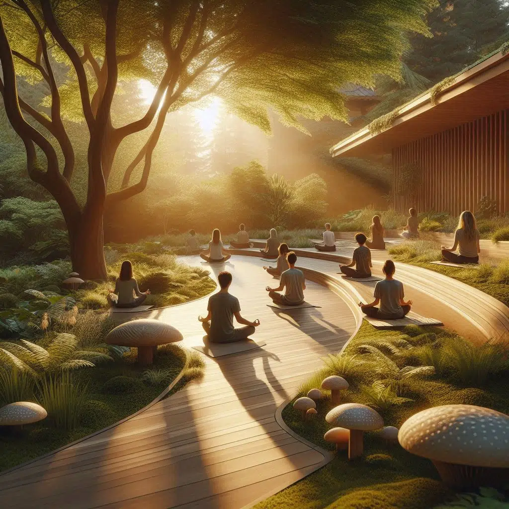 A peaceful outdoor wellness scene at golden hour featuring a small group of people practicing meditation in a garden with lush greenery, soft sunlight filtering through trees, natural wood elements, and subtle mushroom motifs in the landscape, calm and reflective mood, realistic photography style.