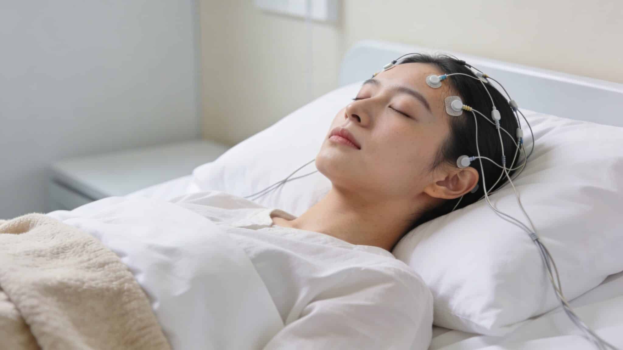 a person lying in bed during a daytime nap test, with small sensors attached to the head