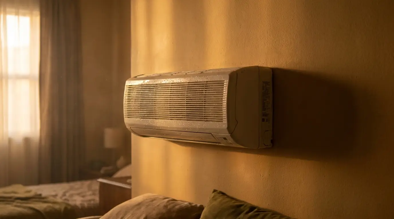 Wall-mounted air conditioner in dimly lit room with beige walls and curtains