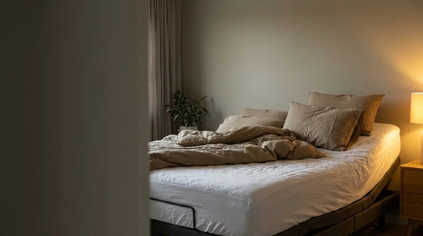 Cozy bedroom with unmade bed, beige linens, soft lighting, and a bedside lamp