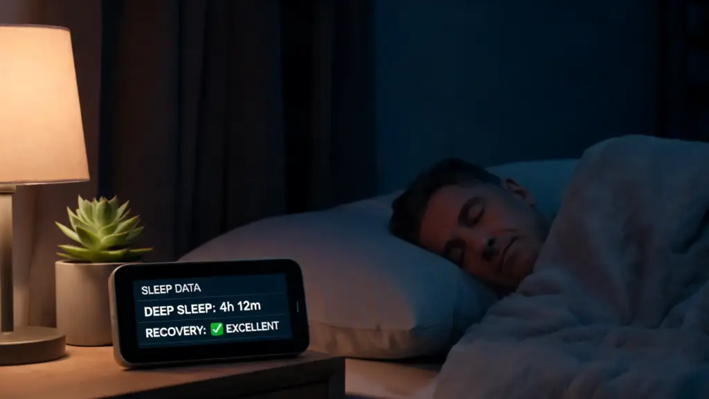 adults resting peacefully with a sleep tracker showing deep sleep patterns in a calm bedroom setting