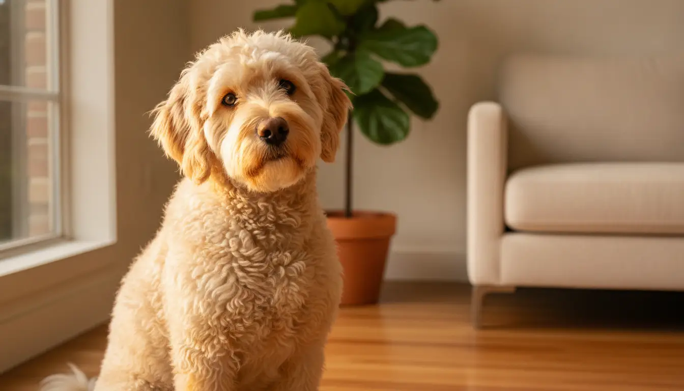 Fluffy dog sitting on wooden floor next to beige sofa and potted plant