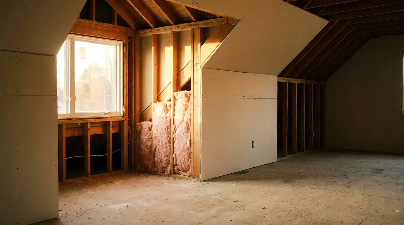 Unfinished attic space with exposed wooden beams and insulation in warm natural light