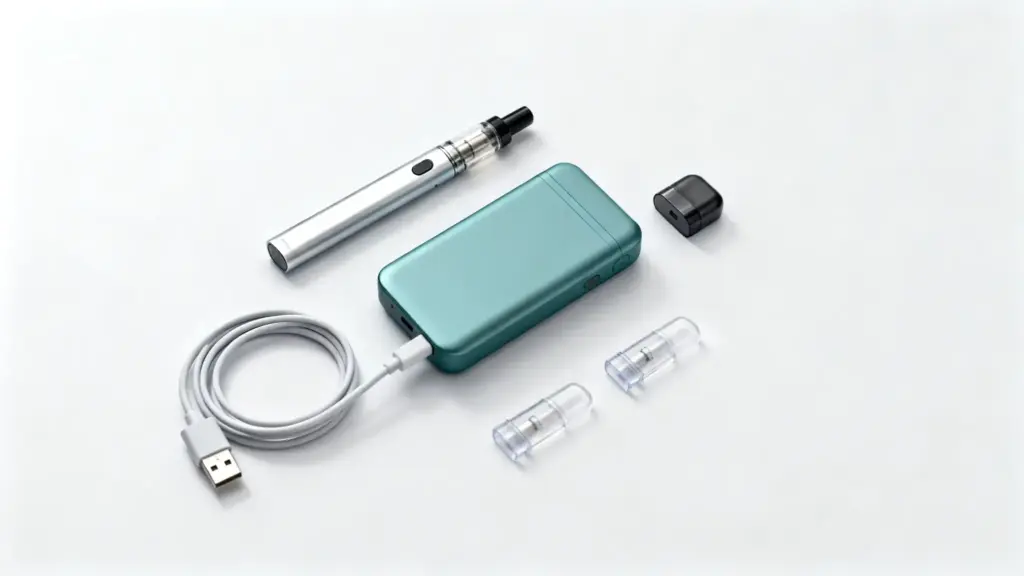 Vaping device components including silver pen, teal battery, and USB cable on white background