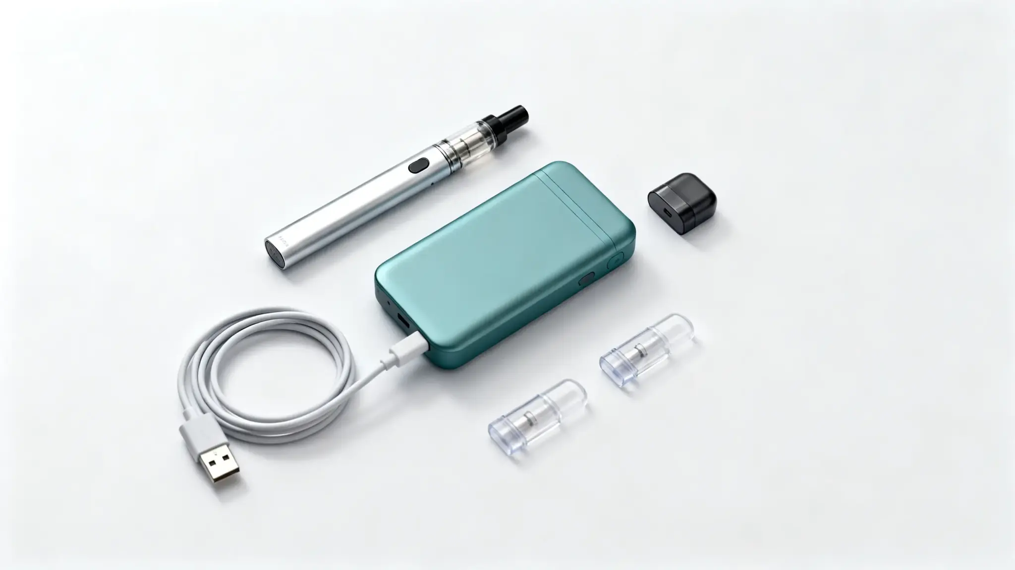 Vaping device components including silver pen, teal battery, and USB cable on white background