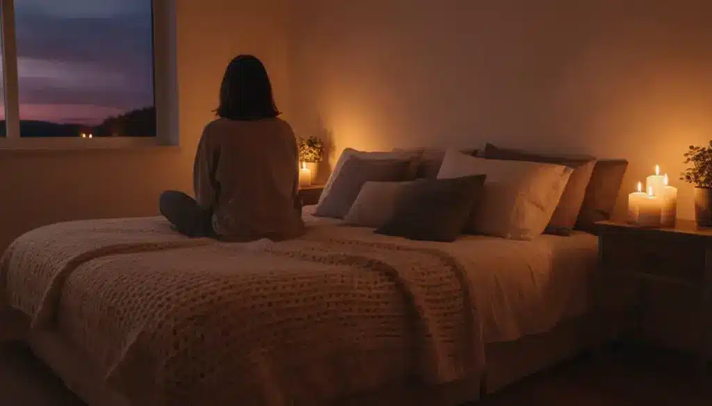 Cozy bedroom with person sitting on bed, lit by candlelight and sunset through window