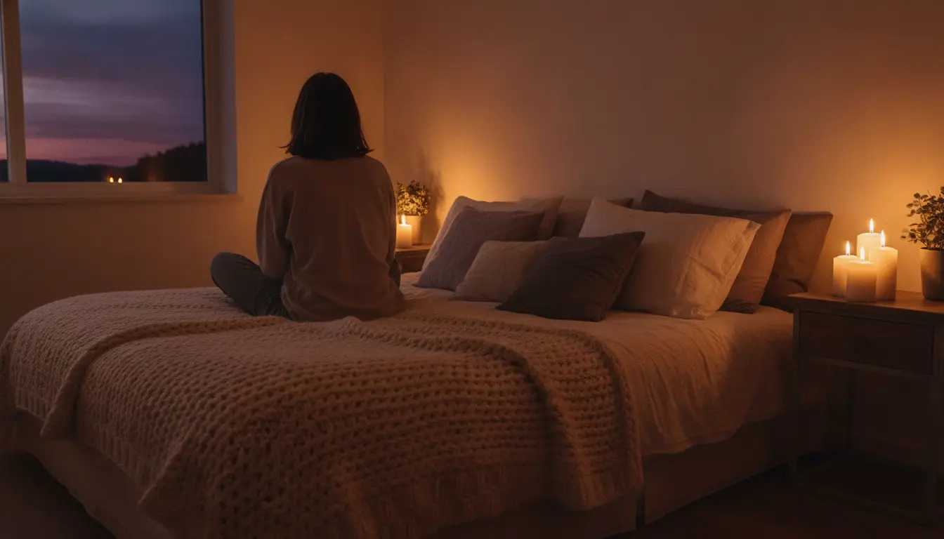 Cozy bedroom with person sitting on bed, lit by candlelight and sunset through window