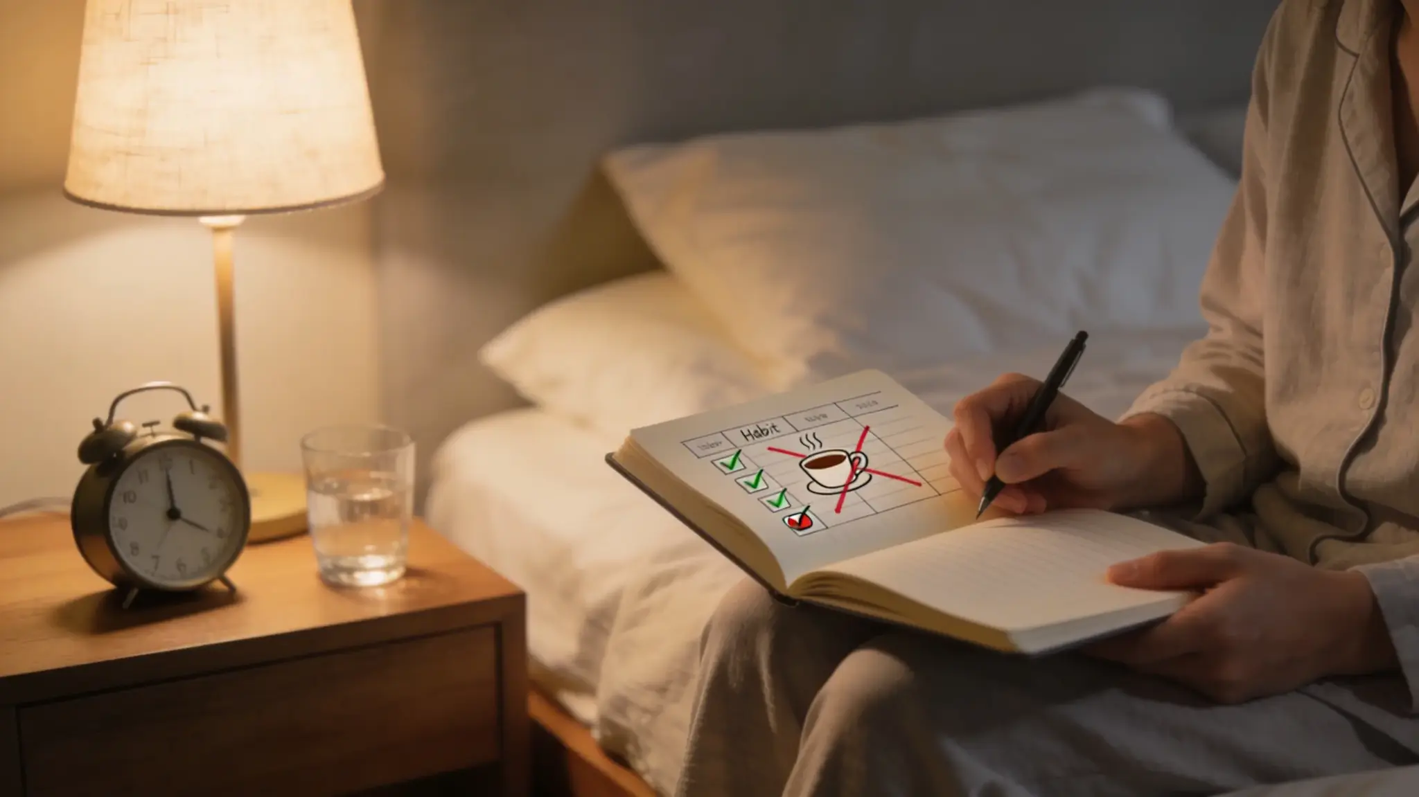 calm bedroom scene showing a person preparing for sleep at night, writing in a sleep diary beside the bed, with a clock, dim lighting, and no electronics (1)