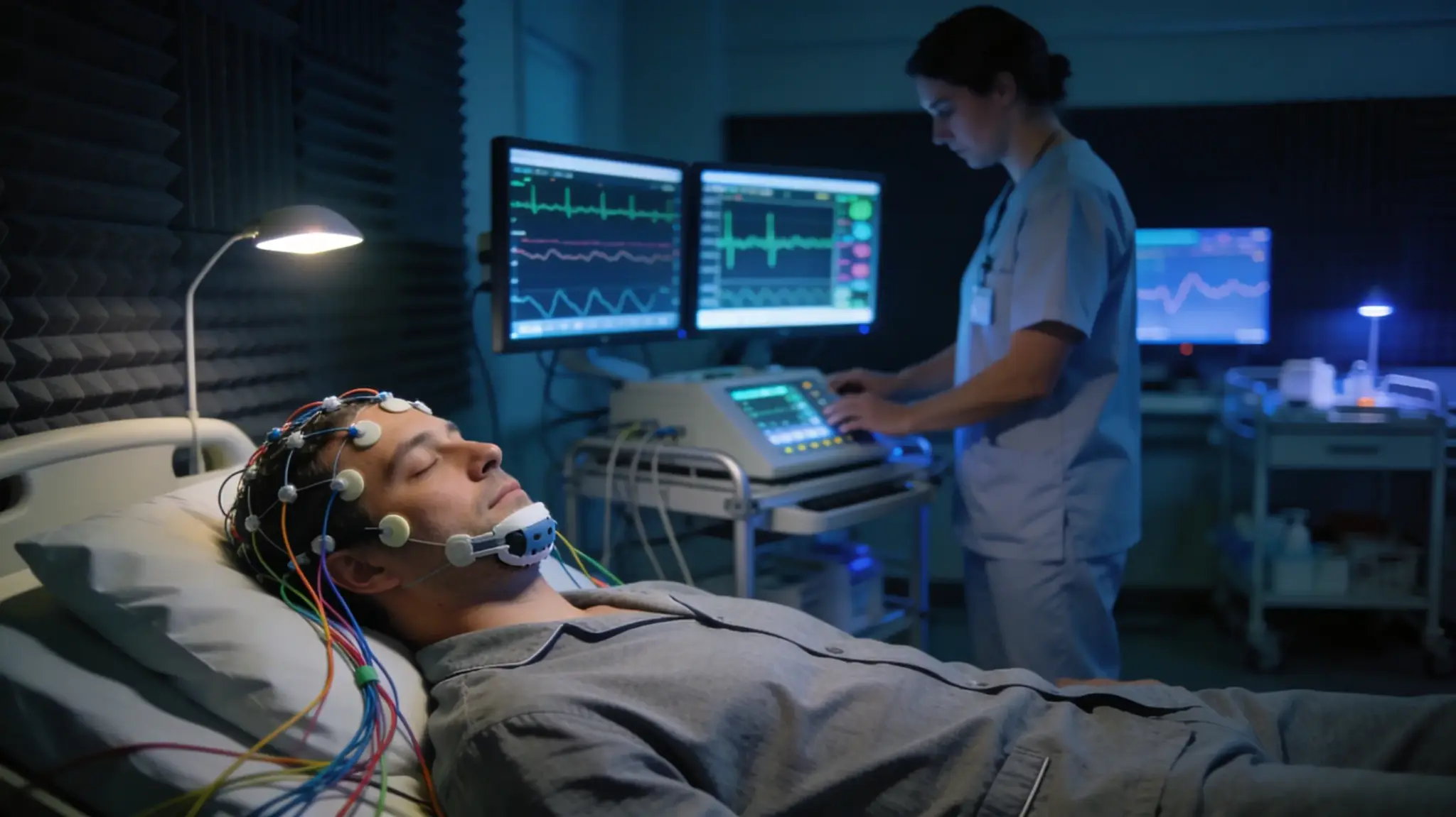 clinical sleep lab setting with a person wearing comfortable clothes, lying on a bed with sleep monitoring sensors attached to their head