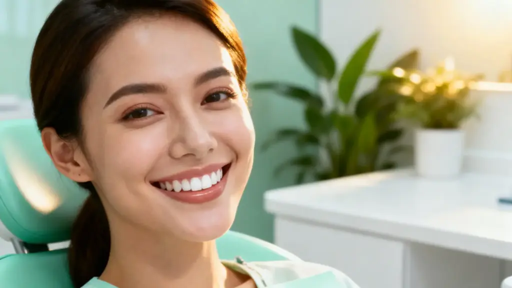 Smiling woman sitting in dental chair with green plants in bright clinic