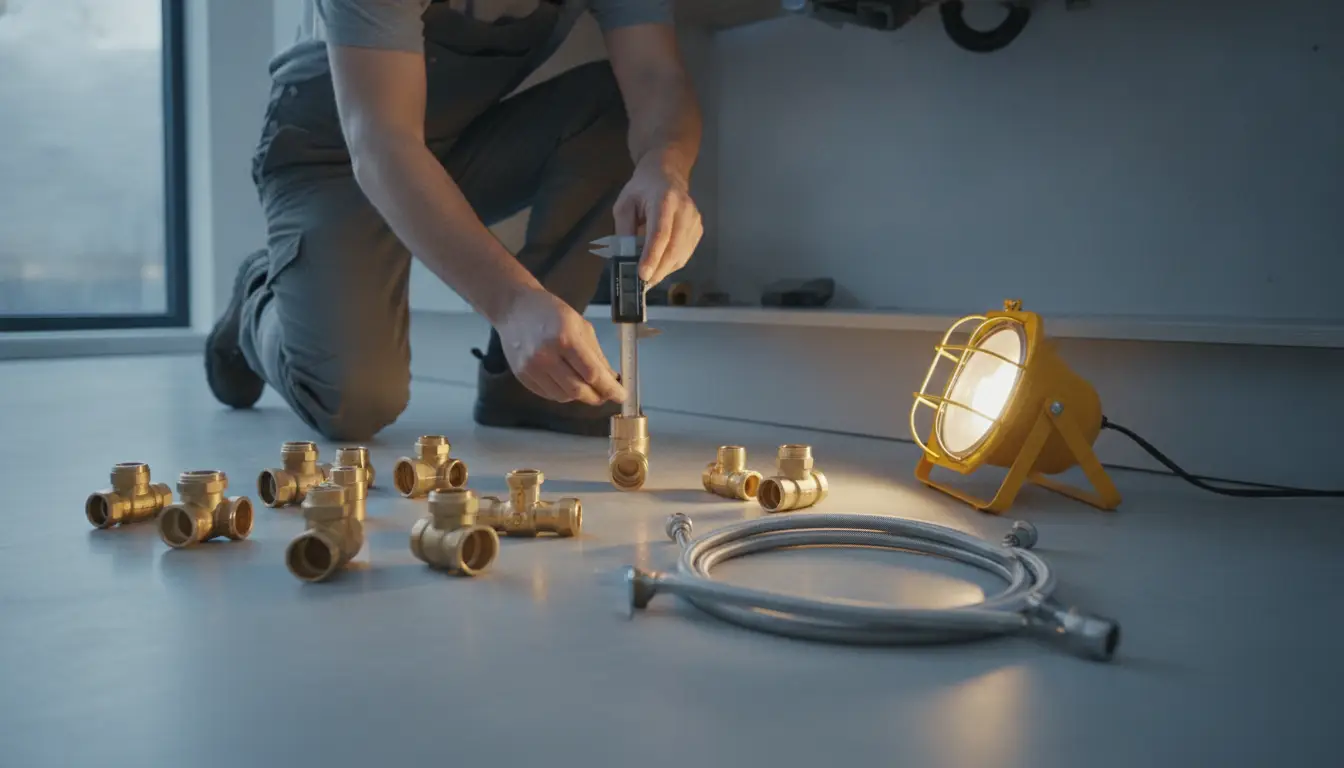 Person measuring brass plumbing fittings with calipers on floor near illuminated industrial light