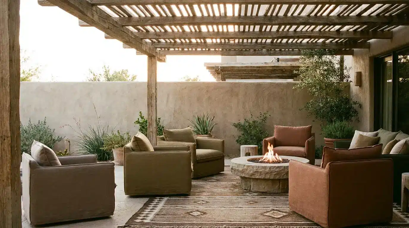 Outdoor patio with cushioned chairs around stone fire pit under wooden pergola in warm sunset light
