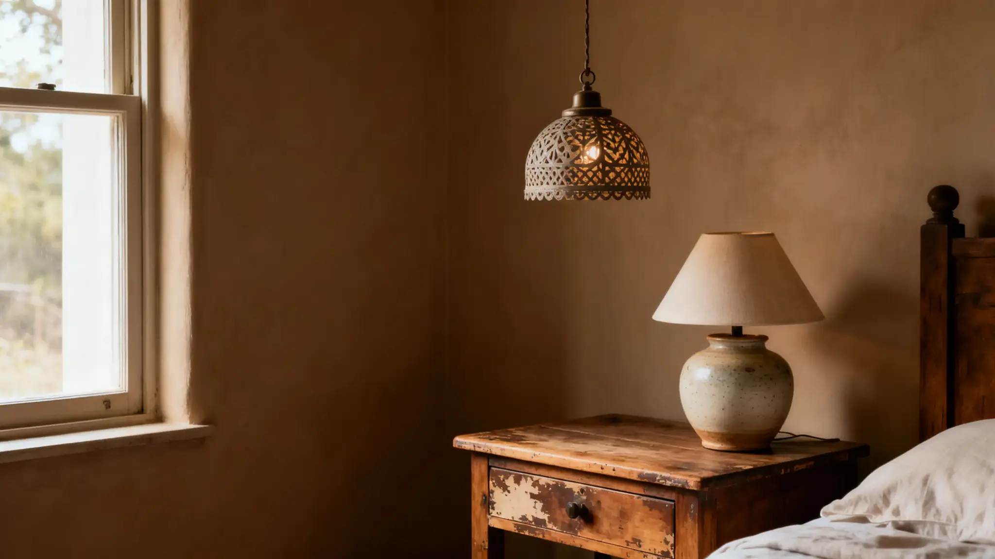 Rustic bedside table with ceramic lamp under ornate pendant light in cozy bedroom setting