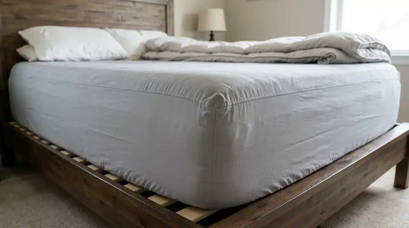 deep pocket fitted sheet covering thick mattress with topper showing full depth and secure fit