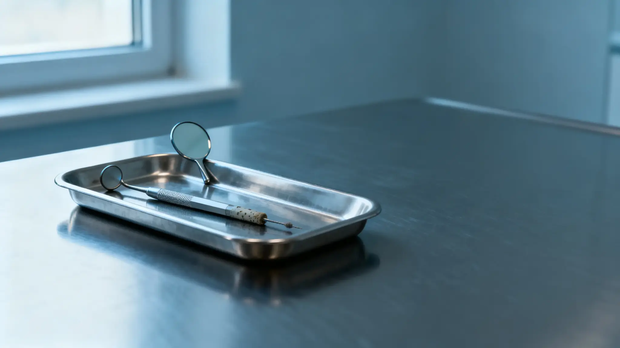 Dental tools including a mirror and probe on metal tray in clinical setting