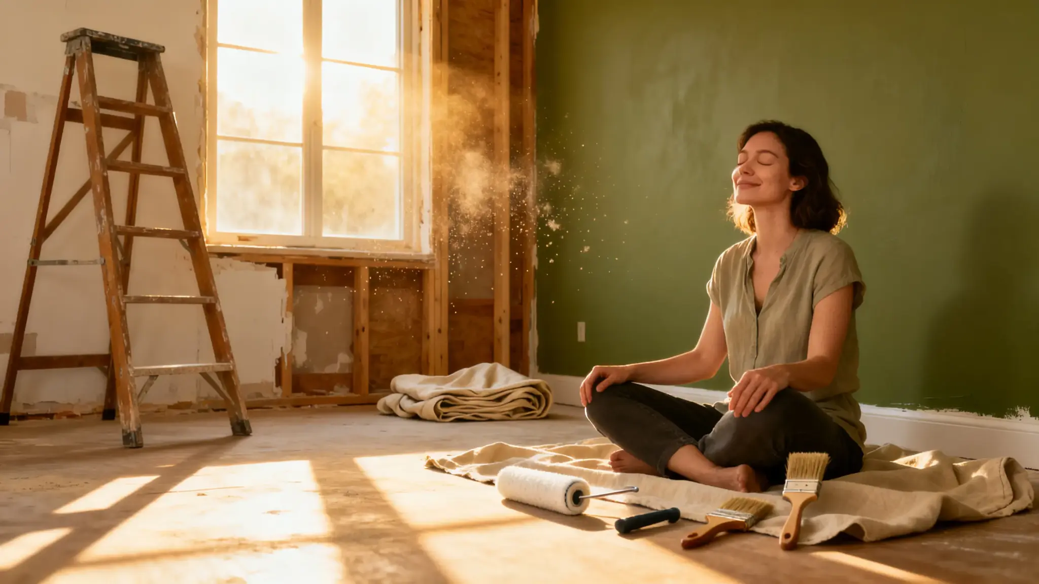 Woman meditating in partially painted room with ladder and painting tools in warm sunlight