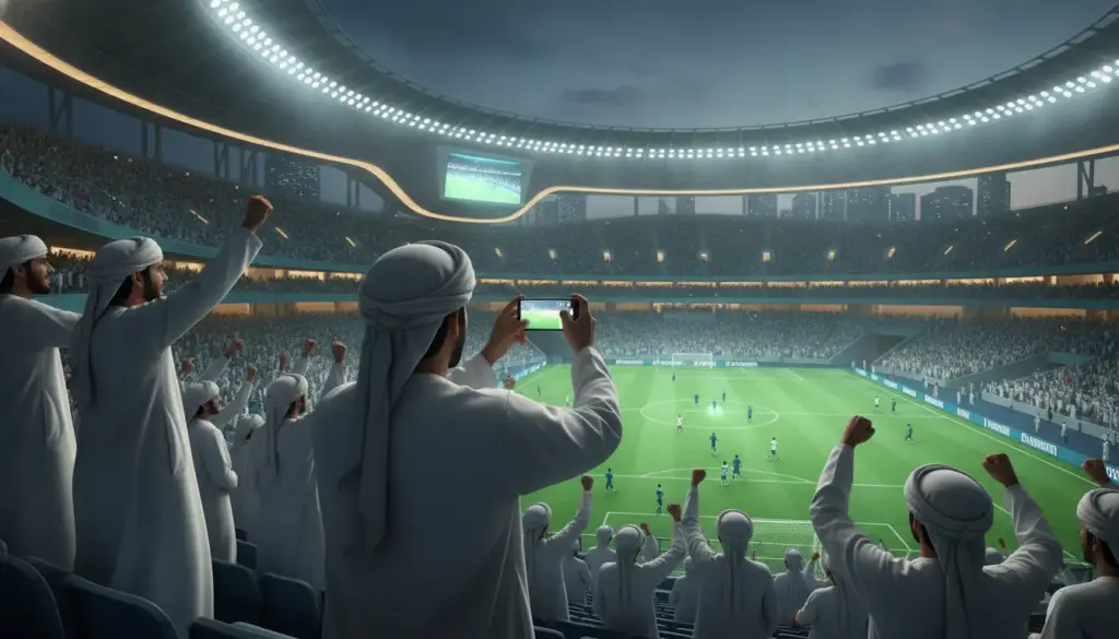 Spectators in traditional clothing cheering at soccer match in modern stadium under bright lights