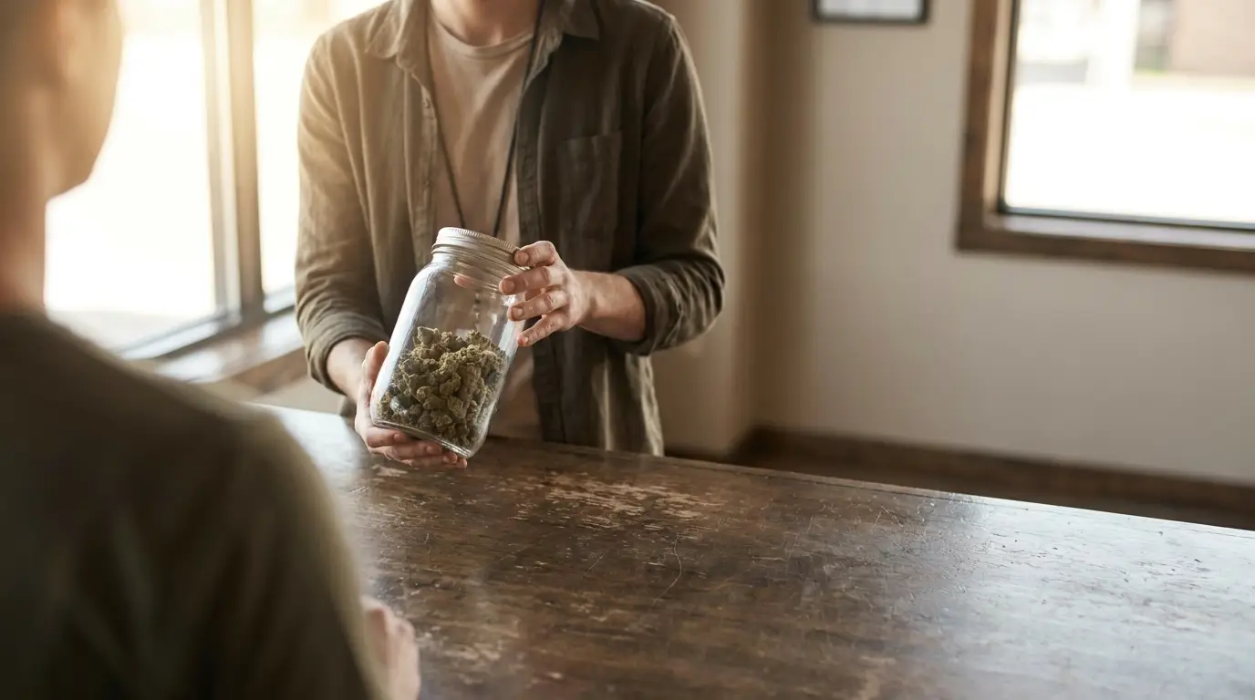 Person holding glass jar with cannabis buds across rustic wooden counter in sunlit room