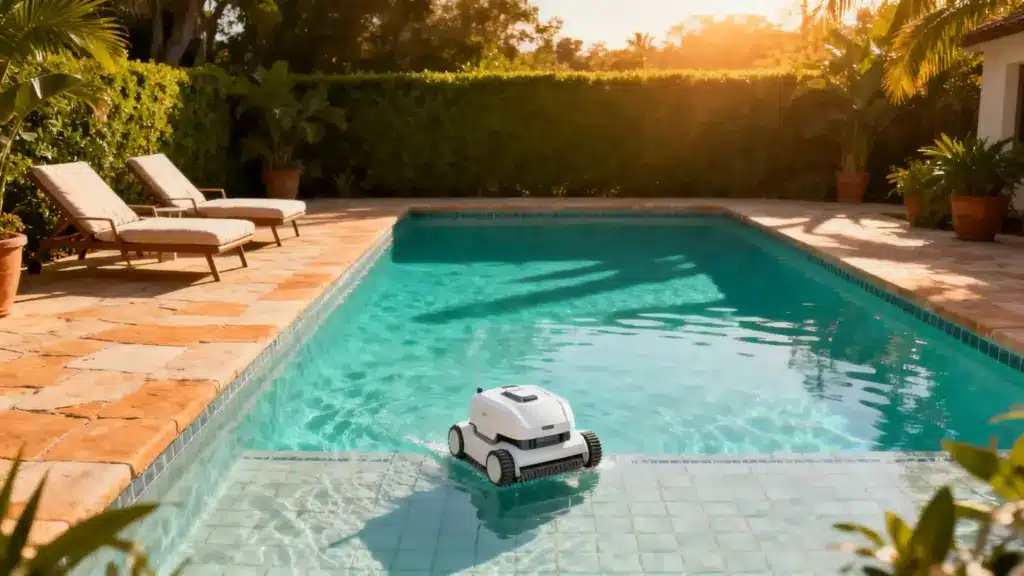 Pool cleaning robot on turquoise water beside sunlit patio with lounge chairs and potted plants