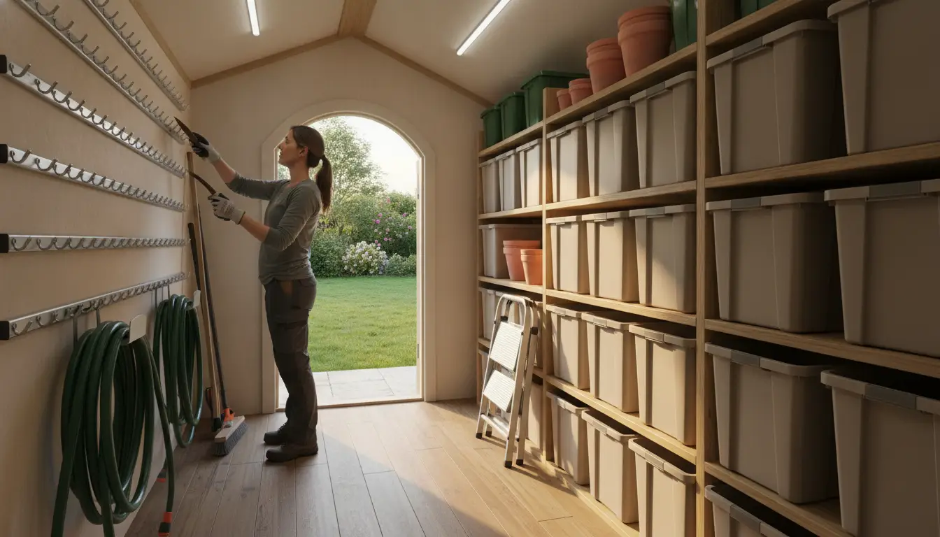 Person organizing garden tools in shed with storage bins and hose racks