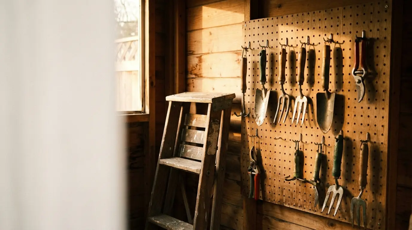 Garden tools hanging on wooden pegboard in sunlit shed with wooden ladder nearby