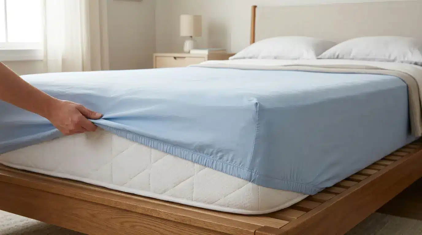 fitted sheet covering thick mattress showing pocket depth and proper fit over corners