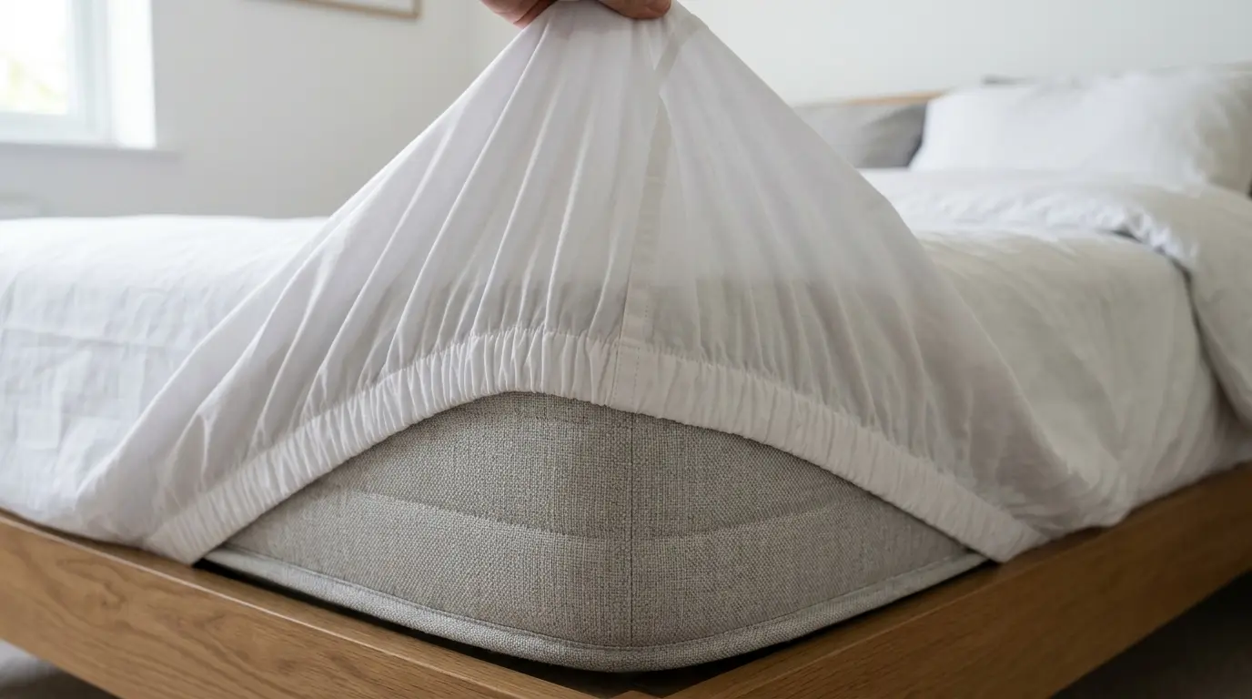 fitted sheet stretched over mattress corner showing elastic edges for snug fit and proper coverage