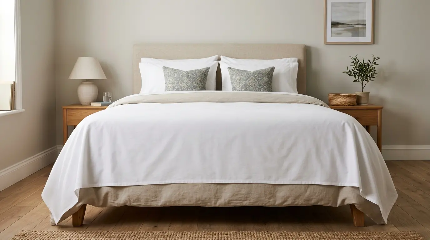 flat sheet neatly draped over bed with even sides showing proper coverage and balanced look
