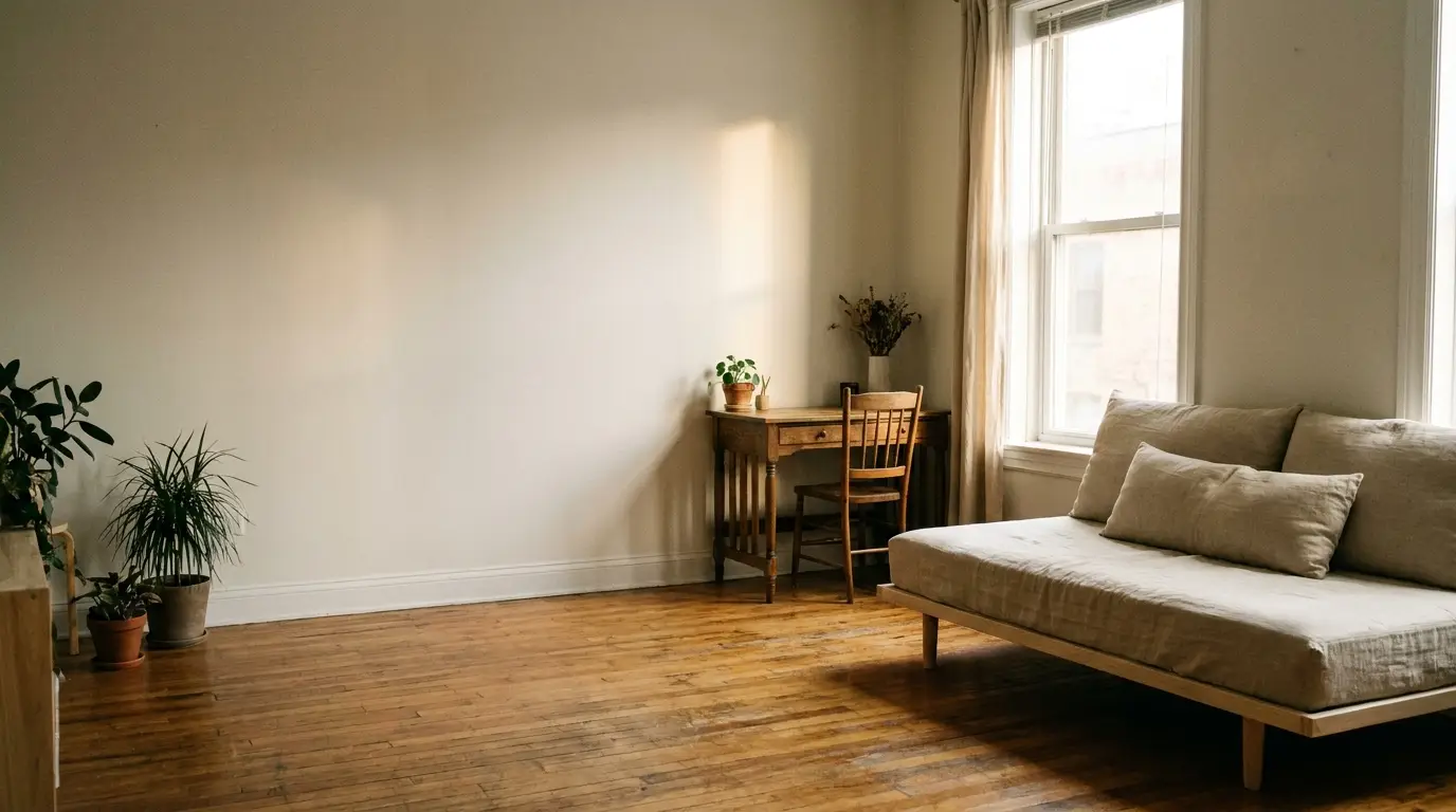 Minimalist living room with wooden desk, indoor plants, and beige sofa under natural light
