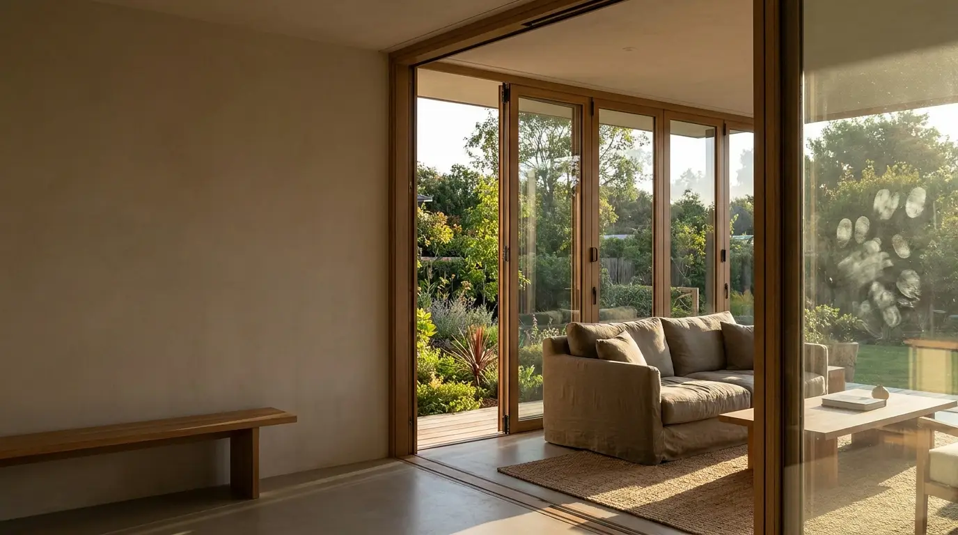 Cozy living room with beige sofa and large glass doors overlooking garden in natural light