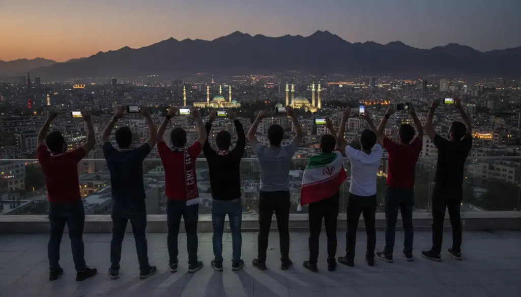 Group of people holding up phones capturing cityscape at dusk with mountains in background