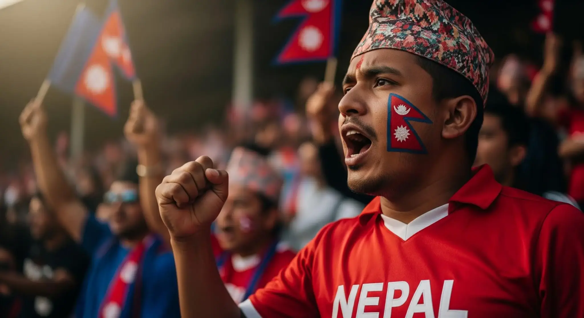 Cheering sports fan in red Nepal jersey with flag face paint in crowded stadium