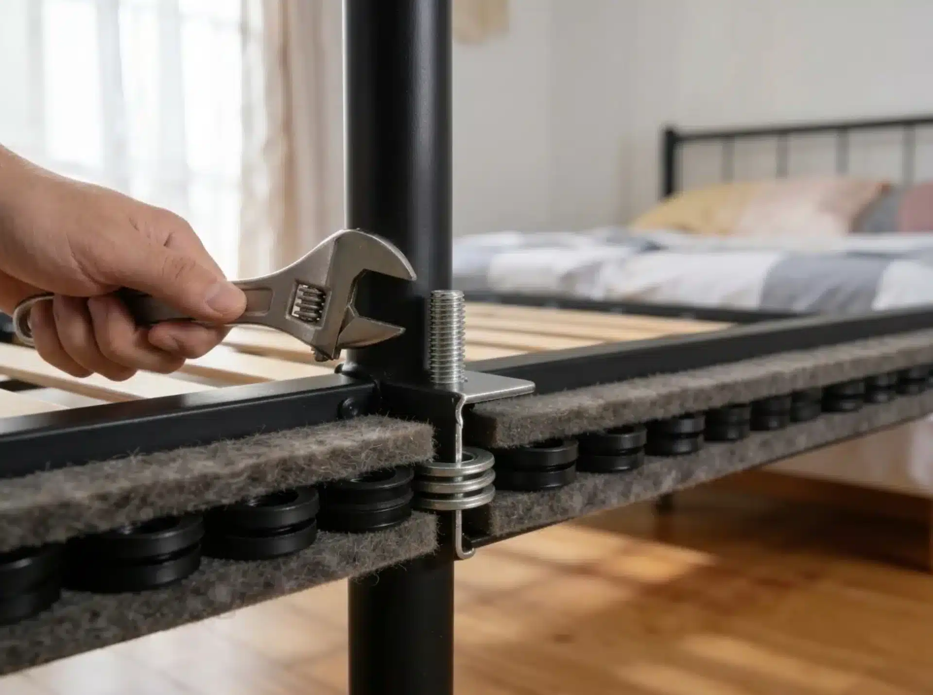 hand using adjustable wrench to tighten bolt on black metal bed frame with wooden slats in bright bedroom indoors