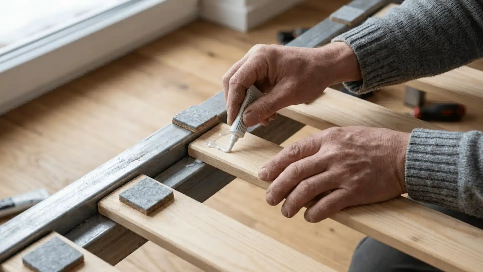 hands applying glue to wooden slats on a metal frame during furniture repair near a bright window indoors workshop