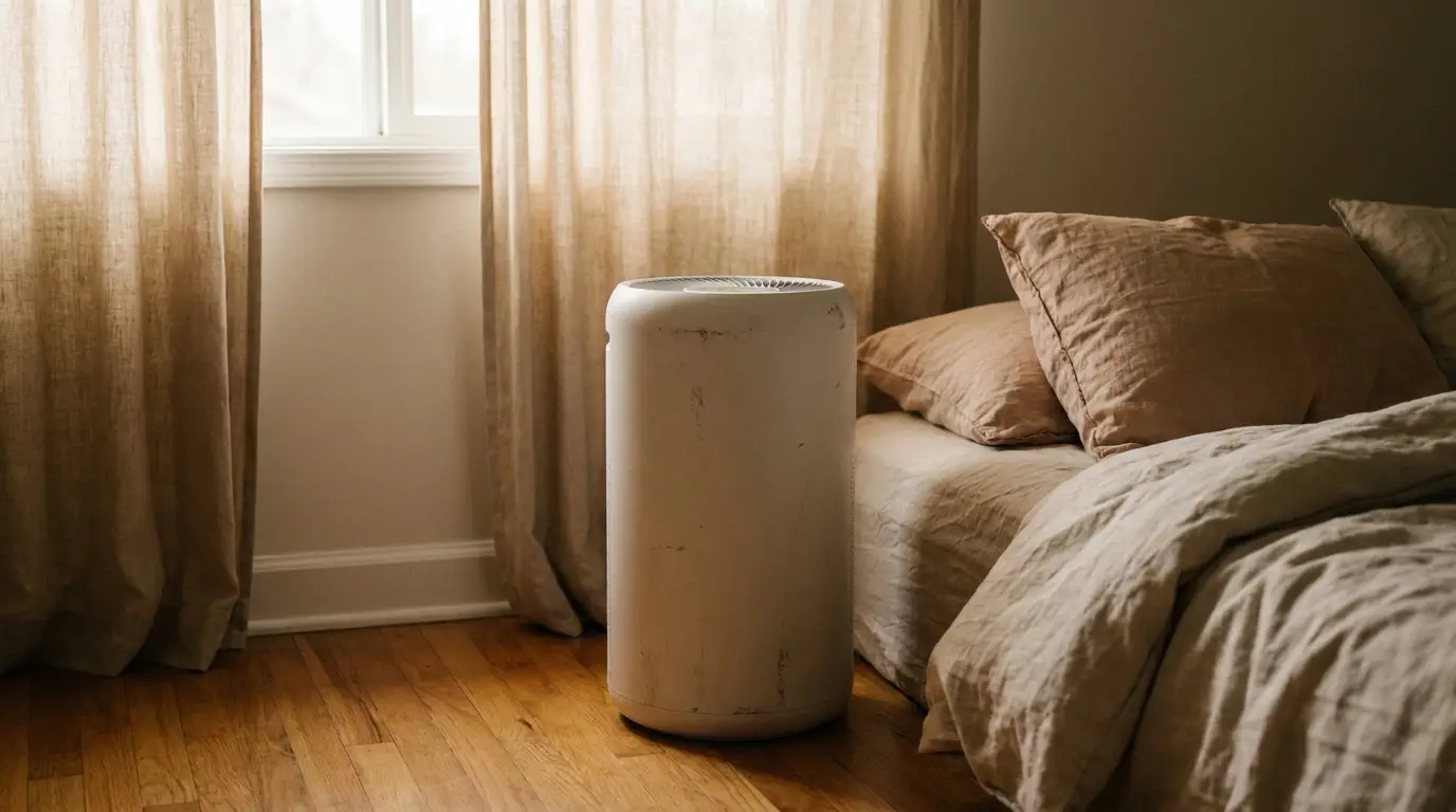 Air purifier beside a bed with beige linens in softly lit bedroom