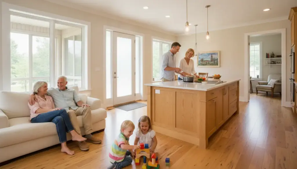 Family spending time in a bright, modern kitchen with children playing on wooden floor
