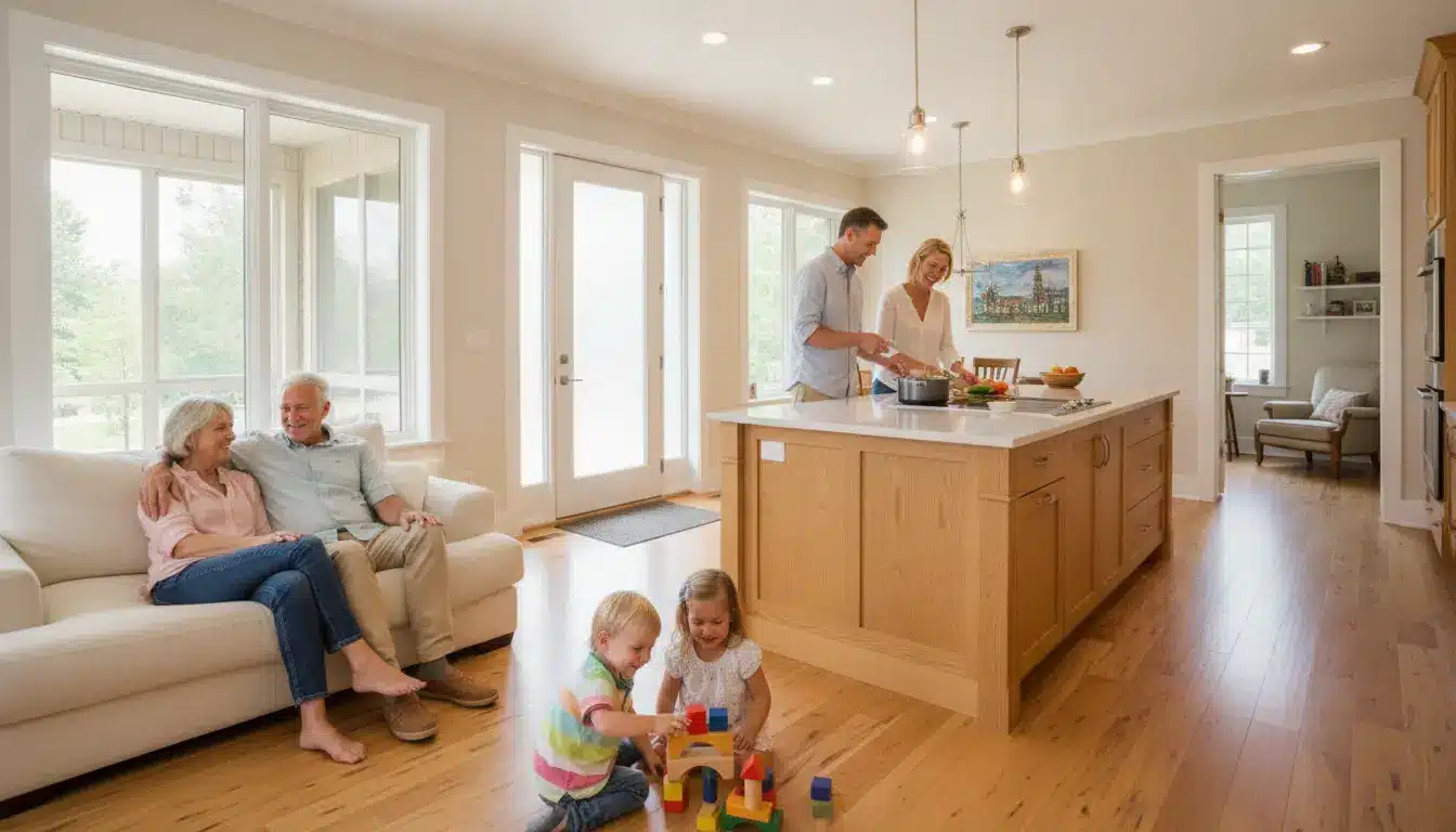 Family spending time in a bright, modern kitchen with children playing on wooden floor