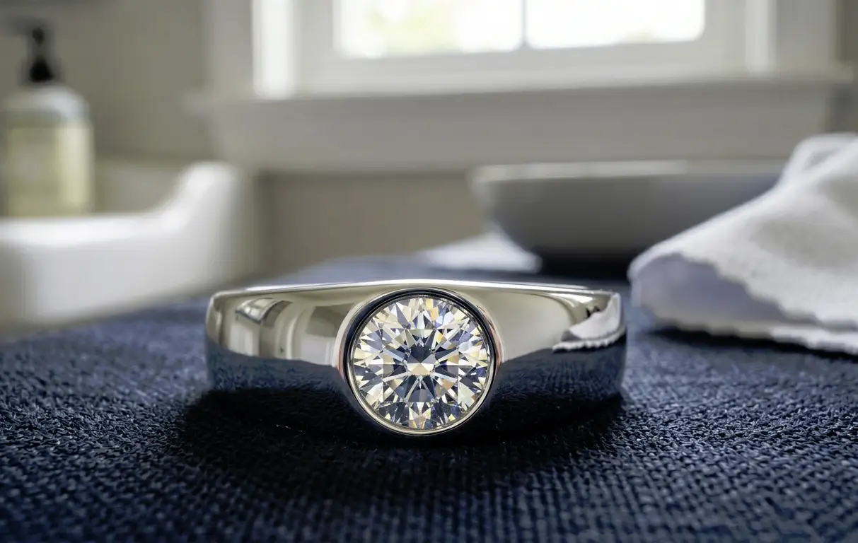 Silver ring with large round diamond on dark textured fabric in softly lit room