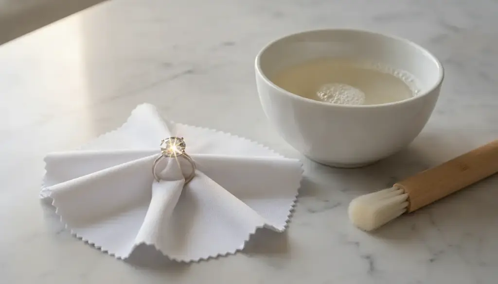 Diamond ring on cleaning cloth near bowl and brush on marble surface