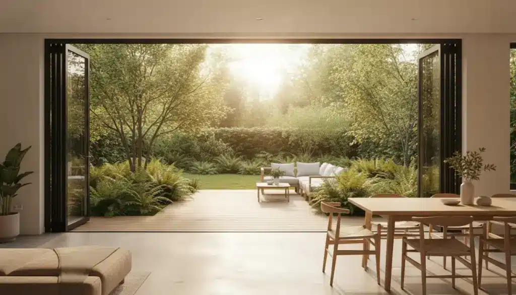 Open living room with wooden dining table overlooking sunlit garden through open glass doors