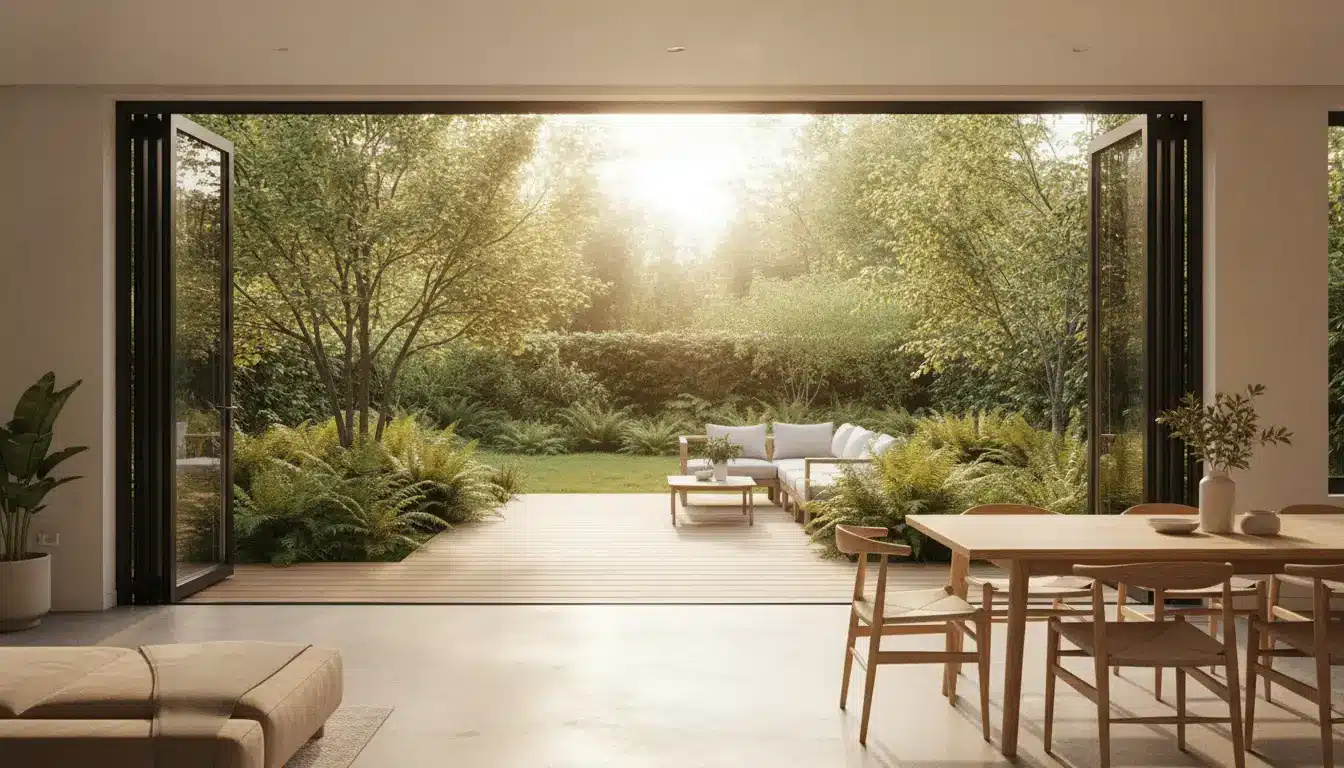 Open living room with wooden dining table overlooking sunlit garden through open glass doors