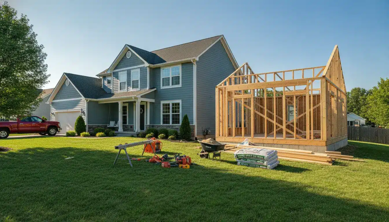 Wood framing for a home extension next to a modern house on green lawn