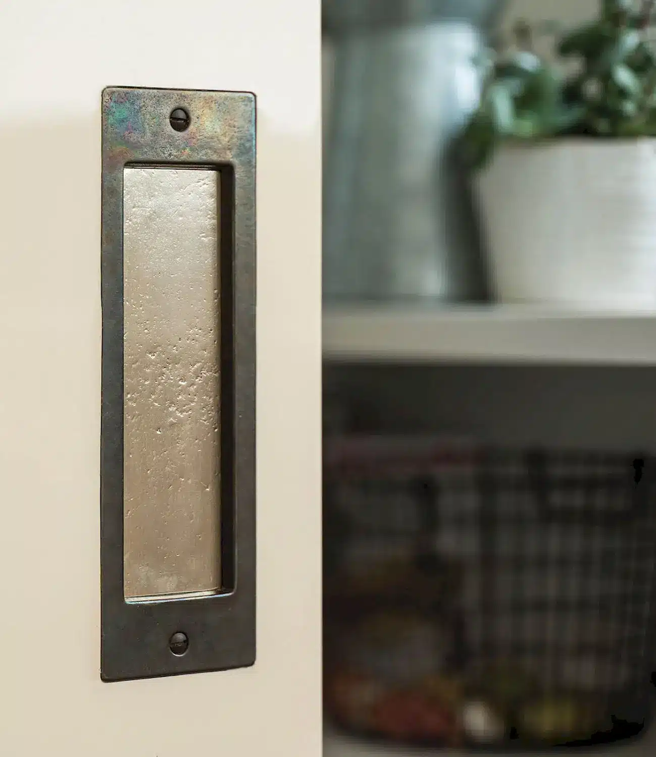 Recessed metal door handle on white pantry door with plants in the background
