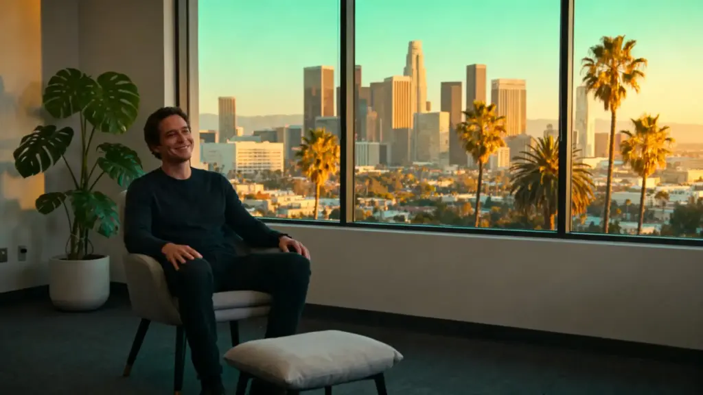 Man smiling while sitting in chair with Los Angeles skyline and palm trees in background