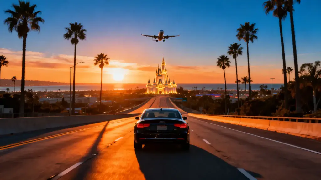 Black car driving towards illuminated castle at sunset with airplane overhead