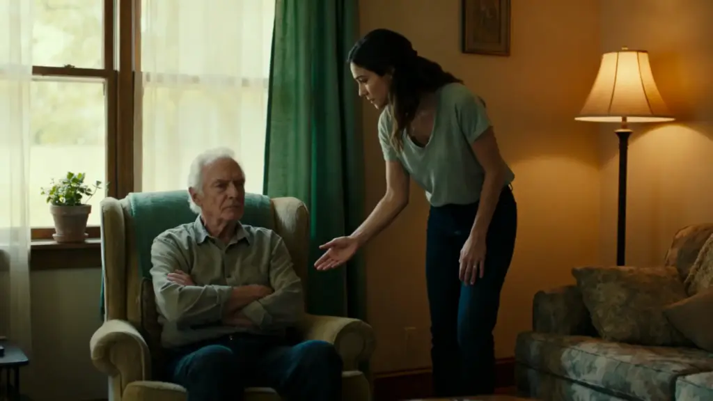 Older man sitting in armchair as younger woman gestures in cozy living room