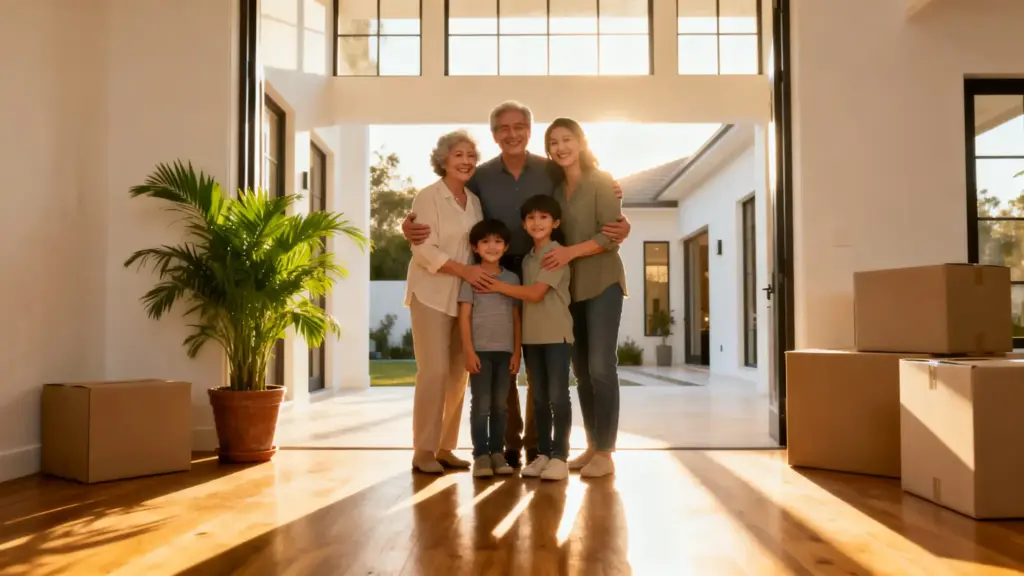 Family standing together in sunlit room with moving boxes and potted plant