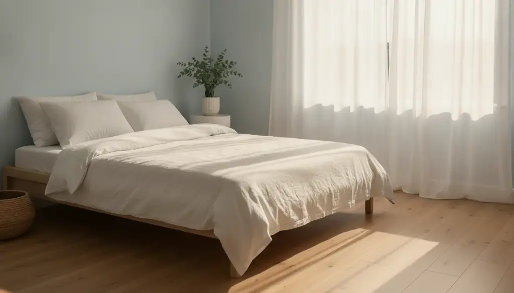 Minimalist bedroom with white bedding and potted plant on nightstand in bright natural light