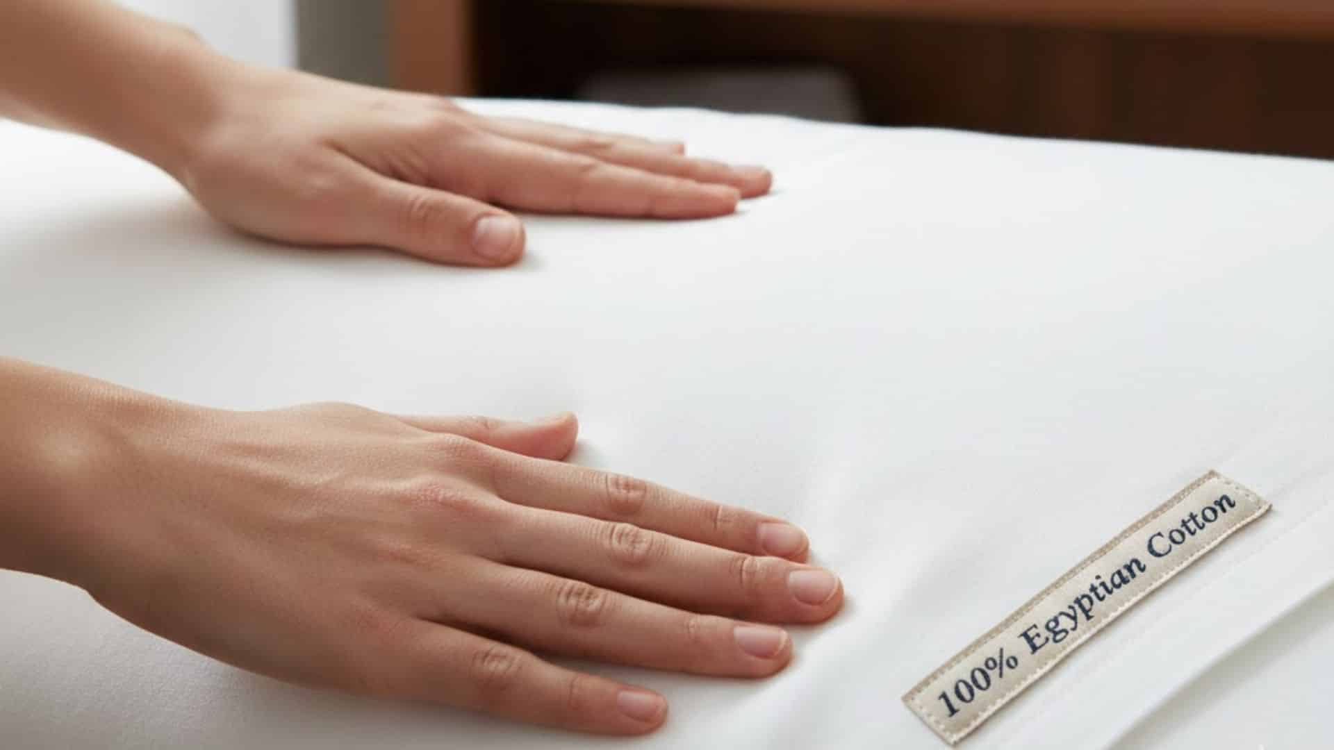 hands feeling smooth white egyptian cotton fabric beside a label, showing how to check softness and product authenticity